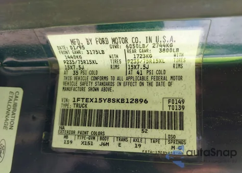 1995 Ford F150 from USA, damaged, VIN 1FTEX15Y8SKB12896